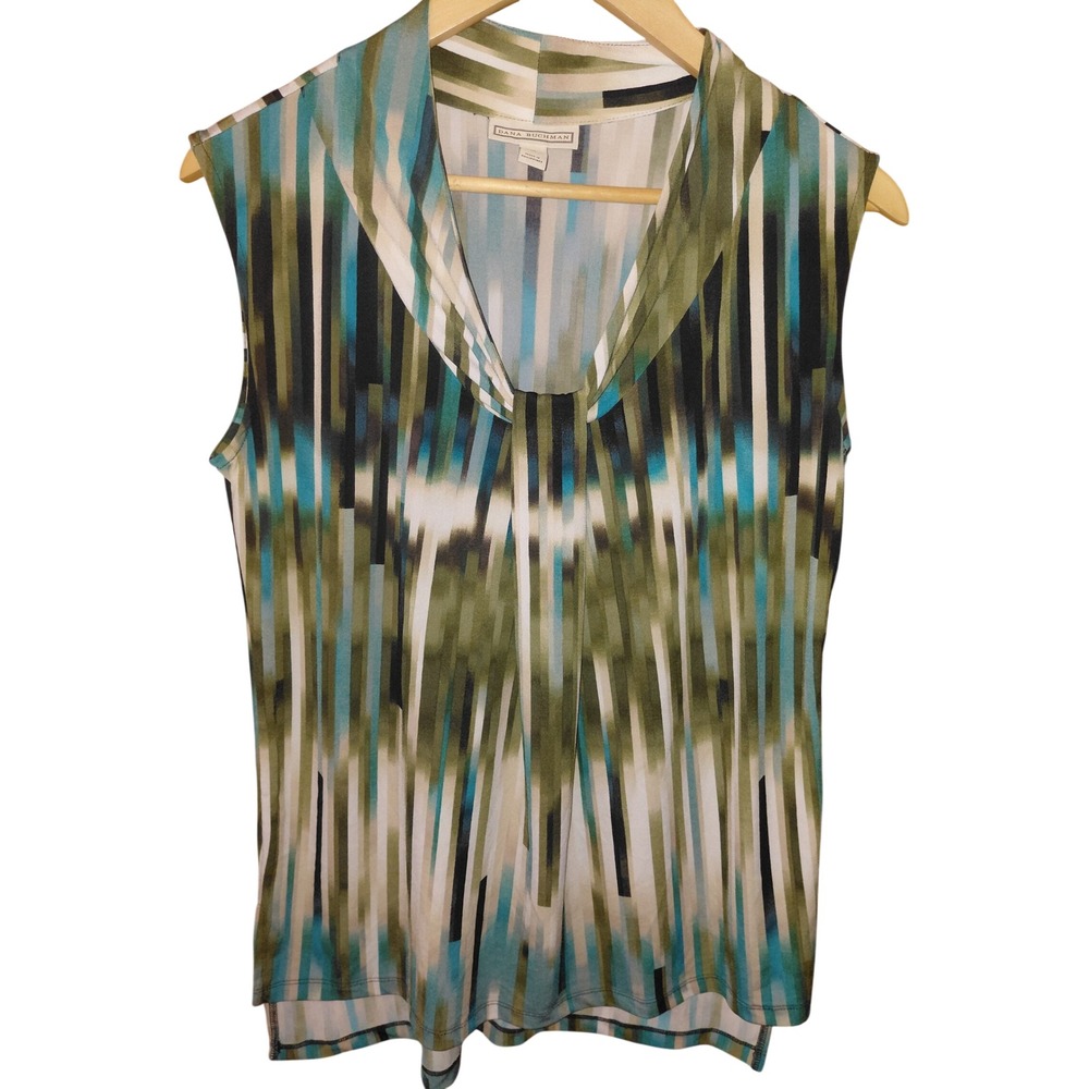 Dana Buchman Womens Abstract Stripe Sleeveless V-Neck Blouse Green Blue Medium